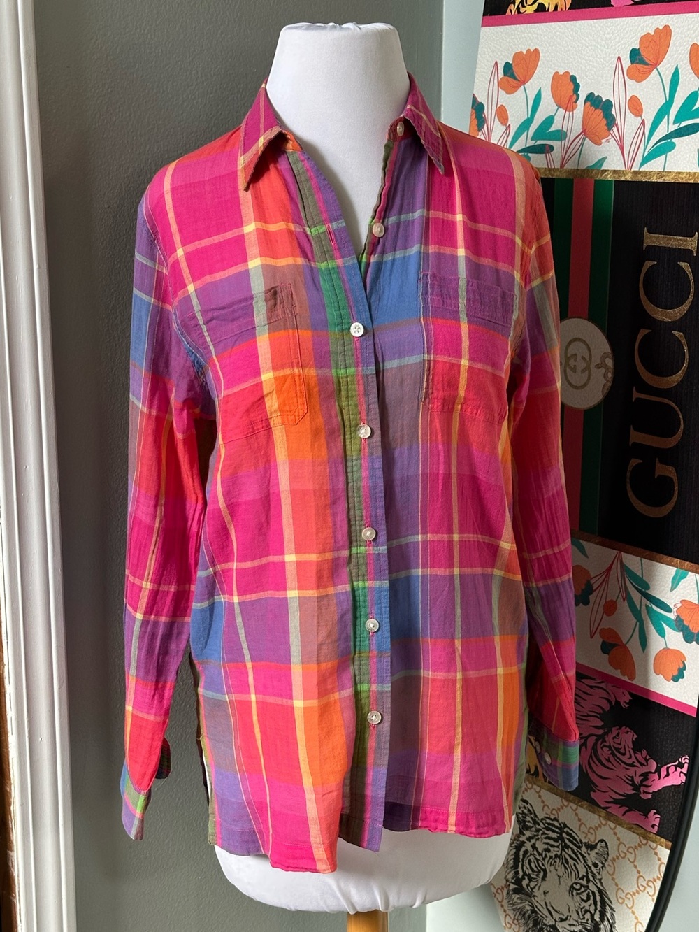 Lauren Ralph Lauren Rainbow Plaid Button-Up Long Roll Sleeve Cotton Shirt Pride
